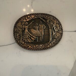 Vintage Solid Brass Western Belt Buckle with Dancing Figures